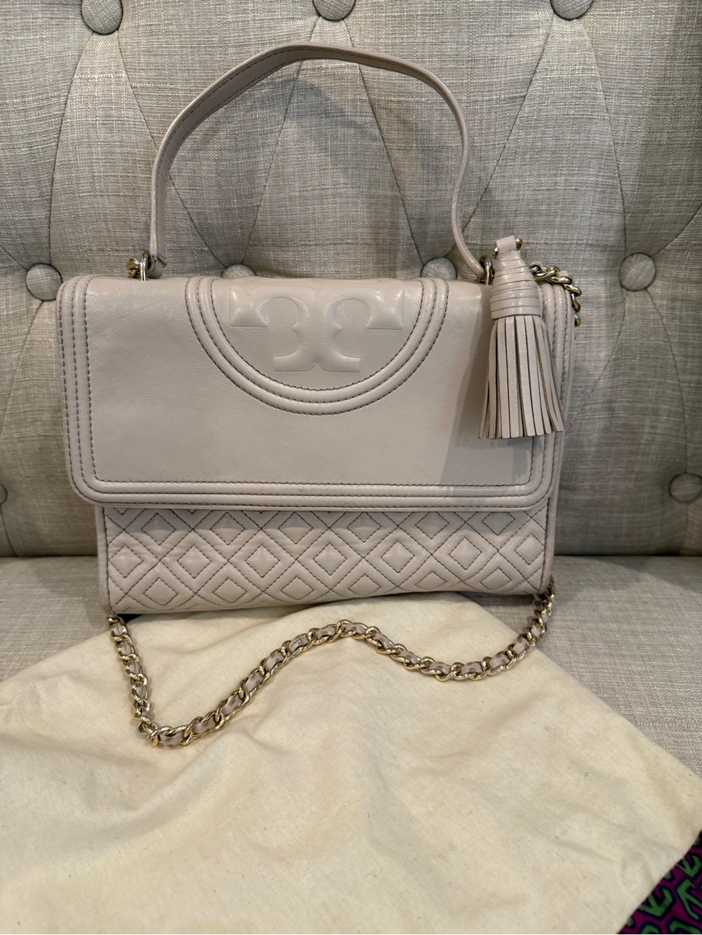 Tory Burch Fleming Convertible Shoulder Bag in New Mink - well loved